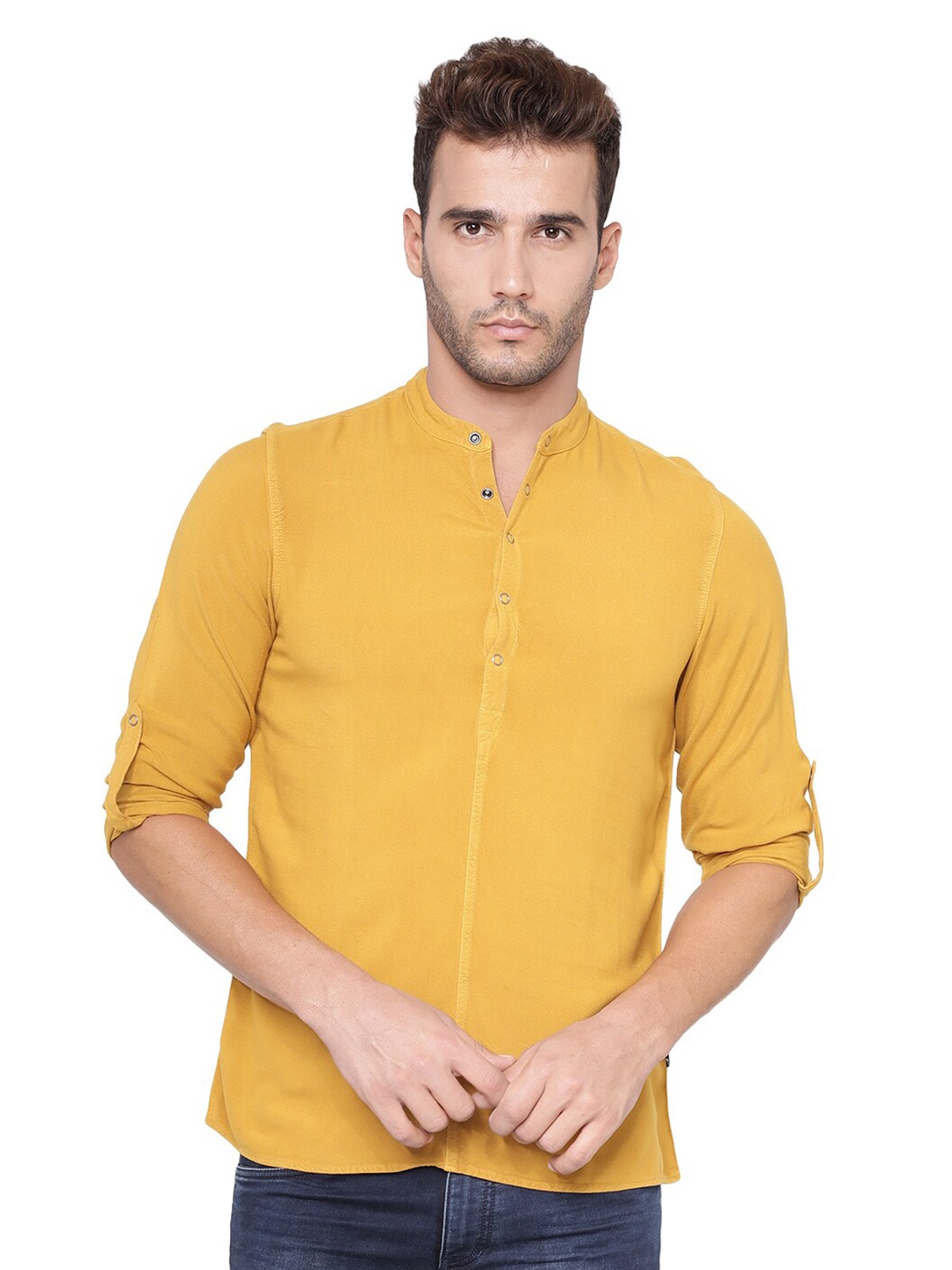 

IDENTITI Classic Slim Fit Band Collar Casual Shirt, Mustard