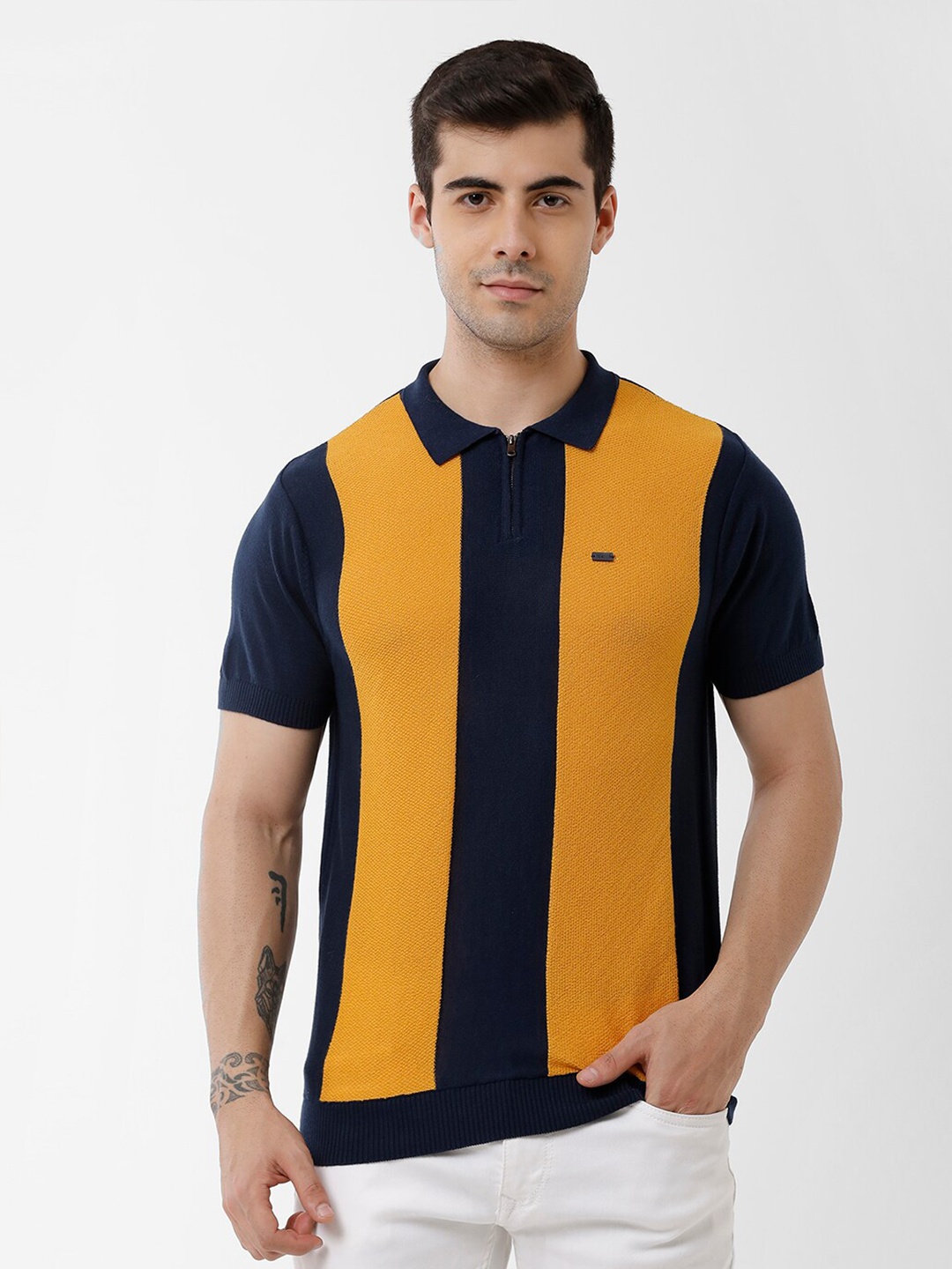 

IDENTITI Colourblocked Polo Collar Slim Fit Pure Cotton T-shirt, Mustard