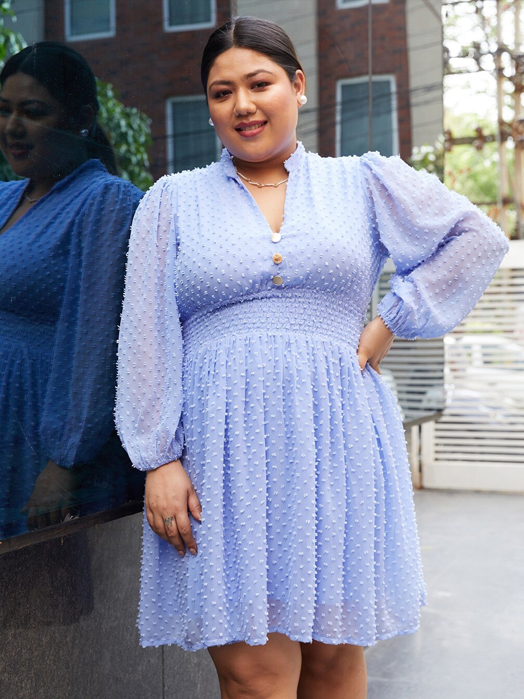 

CURVE BY KASSUALLY Puff Sleeve Georgette Fit & Flare Dress, Blue