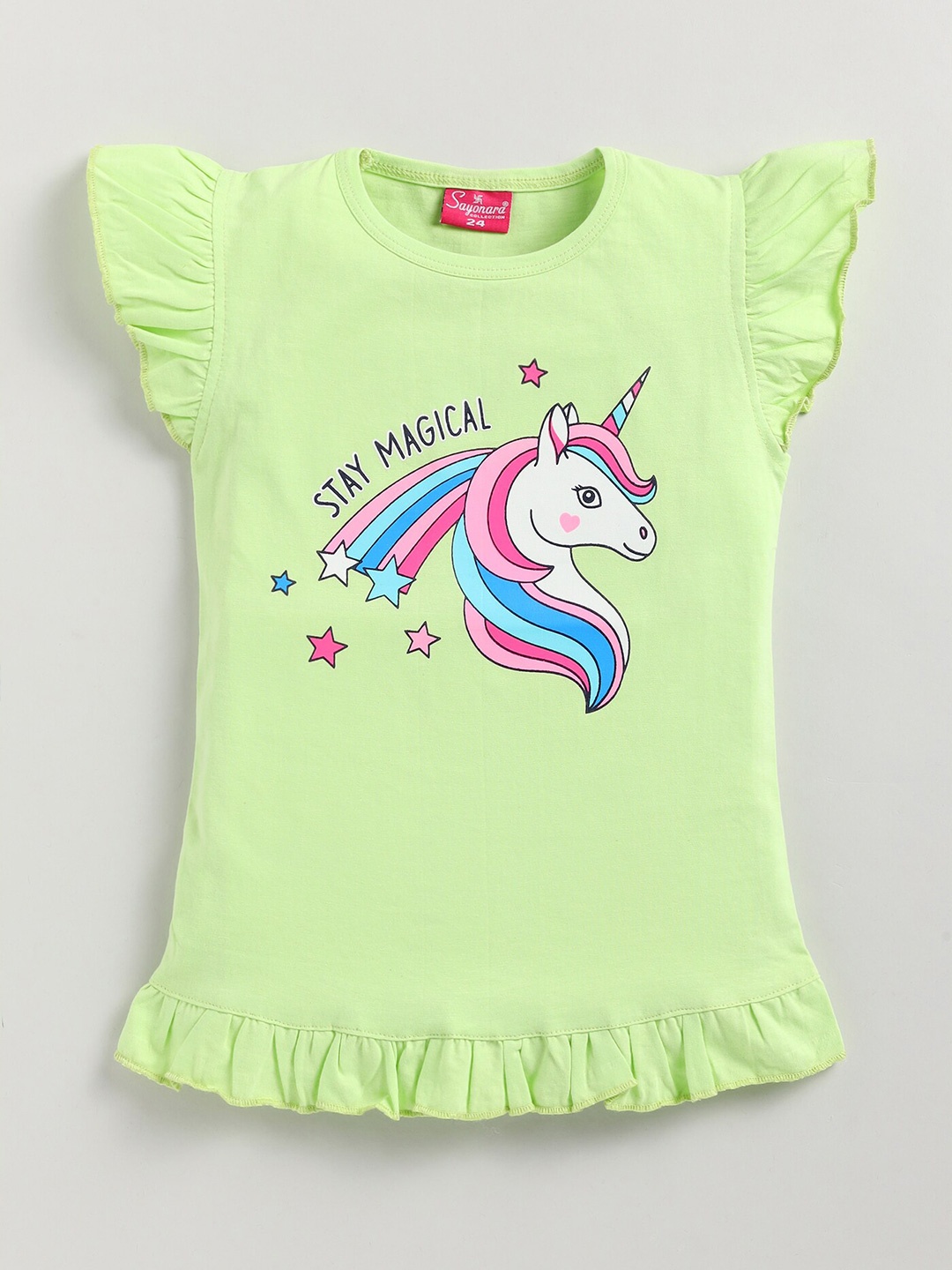 

Redden Girls Graphic Printed Flutter Sleeve Pure Cotton Top, Green