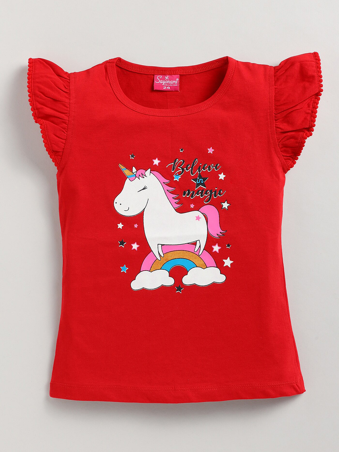 

Redden Graphic Printed Flutter Sleeves Cotton Top, Red