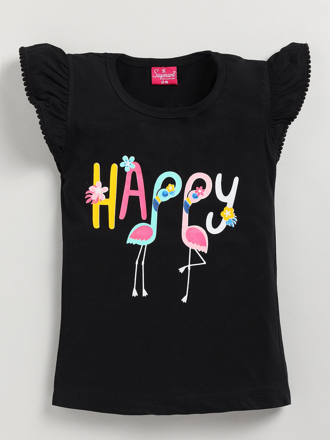 

Redden Girls Typography Printed Flutter Sleeve Pure Cotton Top, Black