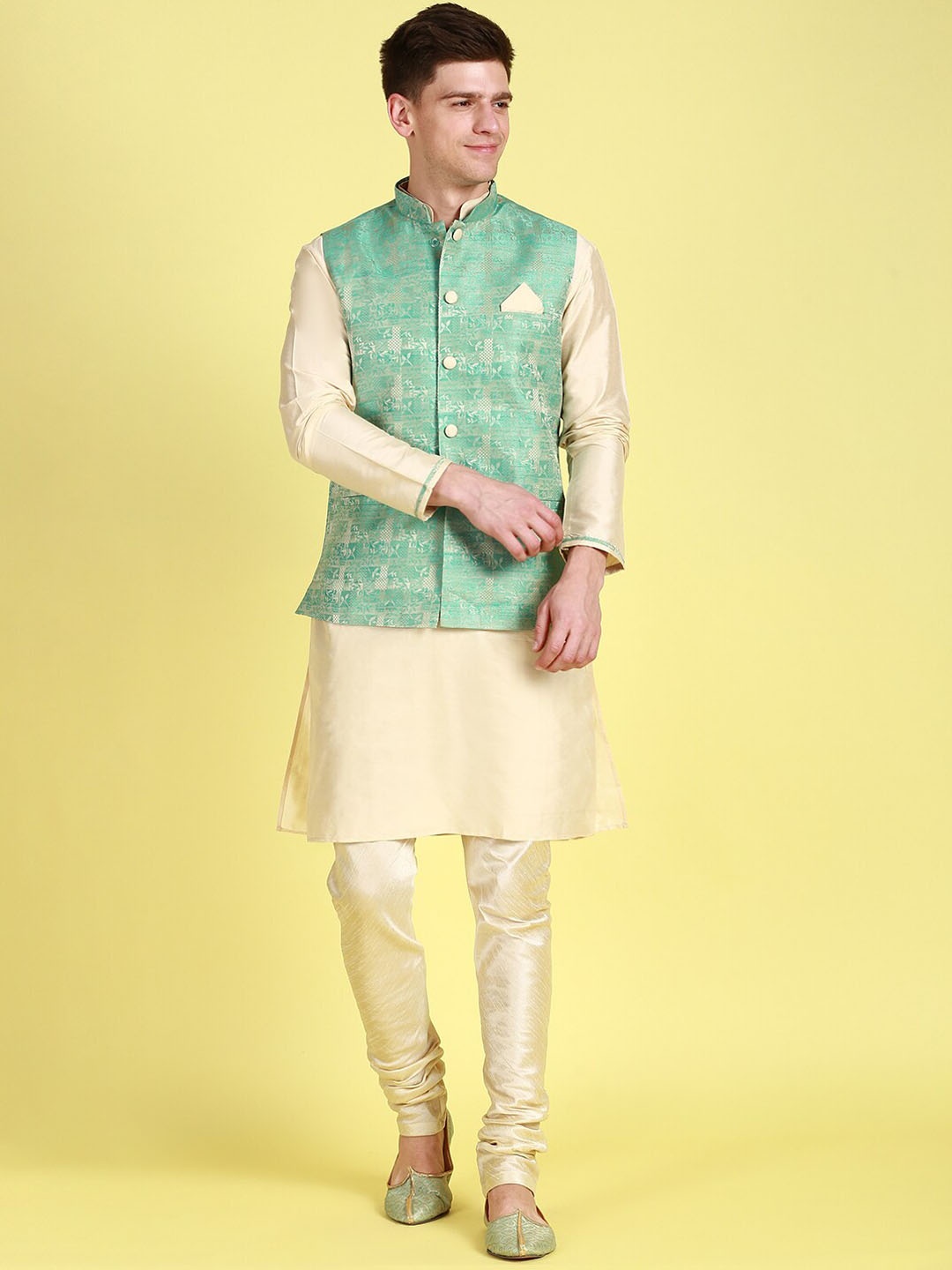 

Sanwara Mandarin Collar Straight Kurta with Churidar & Nehru Jacket, Cream