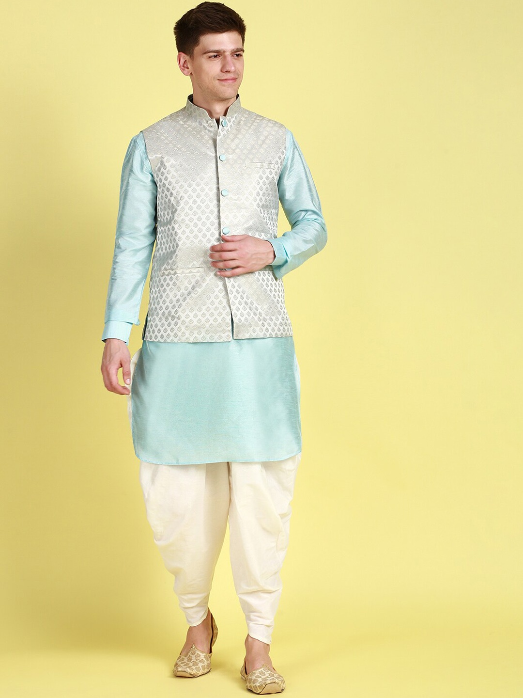 

Sanwara Men Mandarin Collar Straight Kurta with Dhoti Pants & Nehru Jacket, Blue