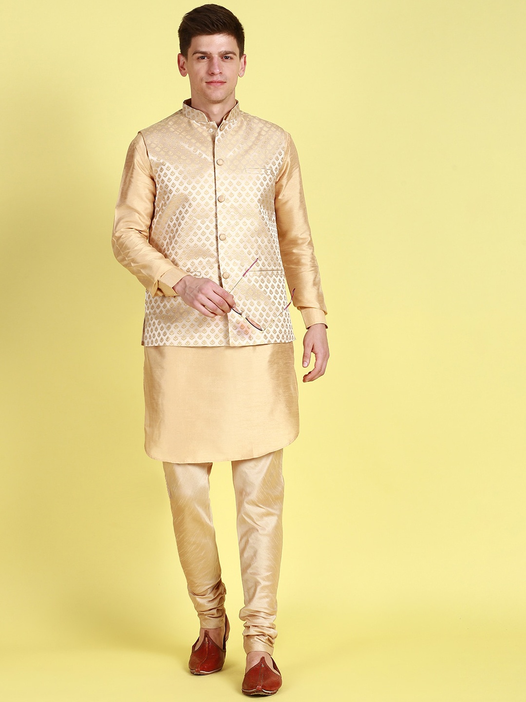 

Sanwara Mandarin Collar Straight Kurta with Churidar & Nehru Jacket, Beige