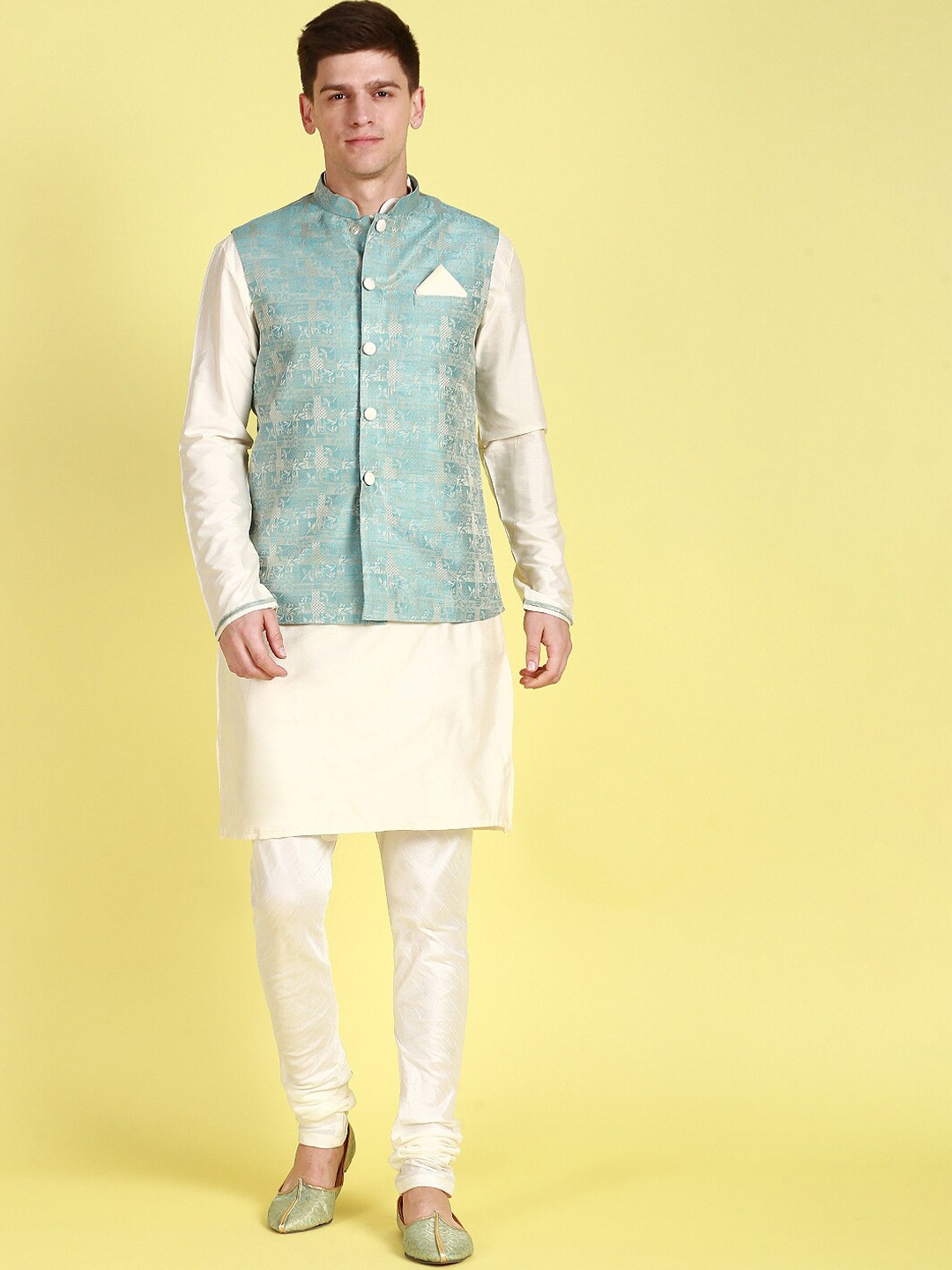 

Sanwara Mandarin Collar Straight Kurta with Churidar & Nehru Jacket, Blue