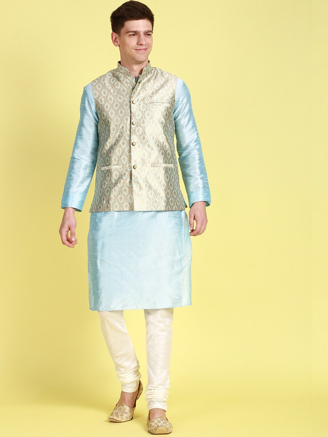 

Sanwara Mandarin Collar Straight Kurta with Churidar & Nehru Jacket, Blue