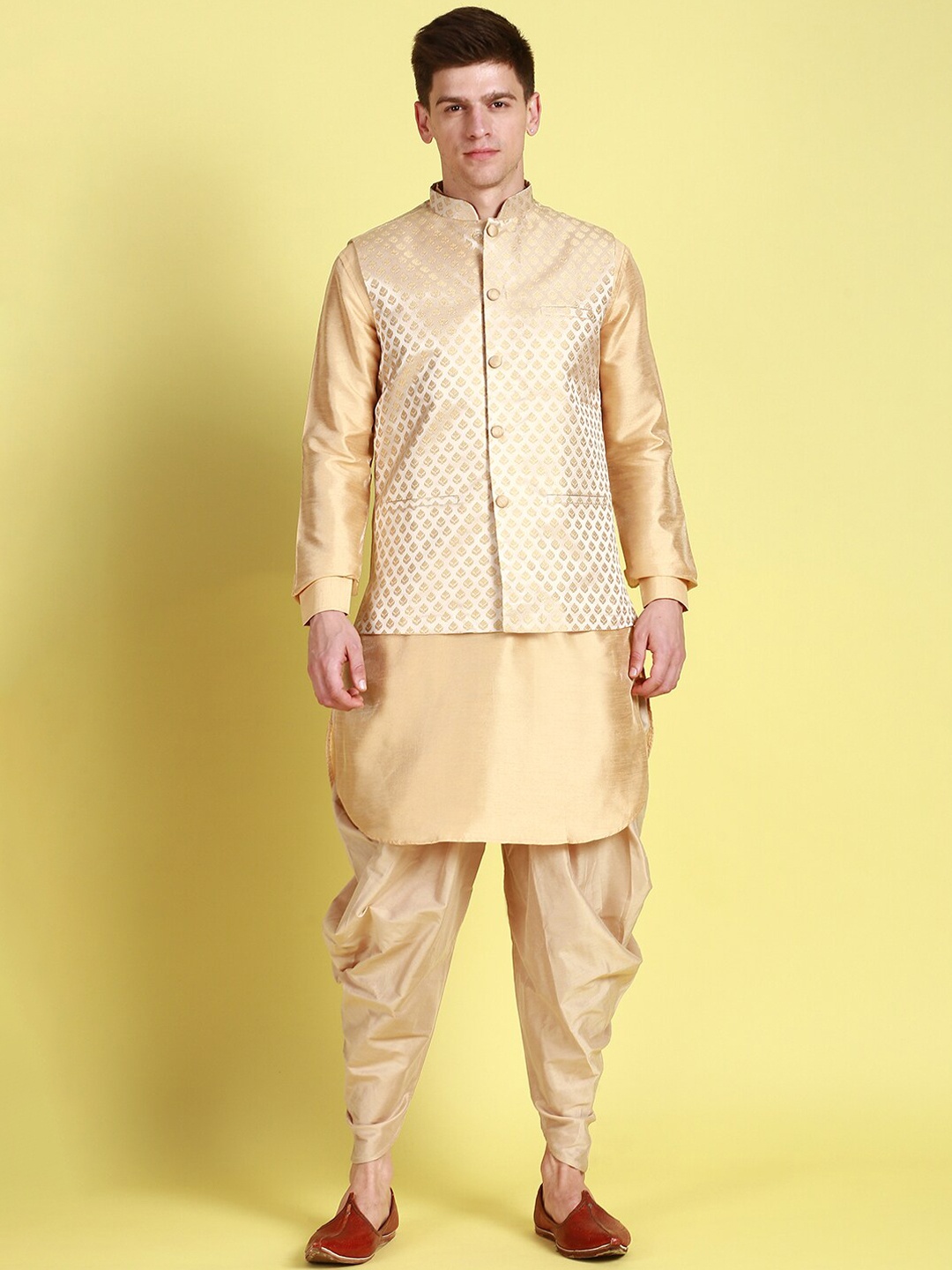 

Sanwara Men Mandarin Collar Straight Kurta with Dhoti Pants & Nehru Jacket, Beige