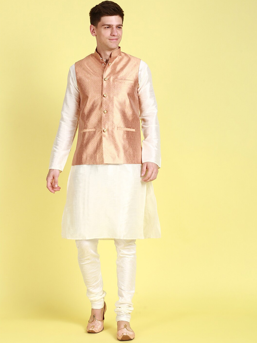 

Sanwara Mandarin Collar Straight Kurta with Churidar & Nehru Jacket, Yellow