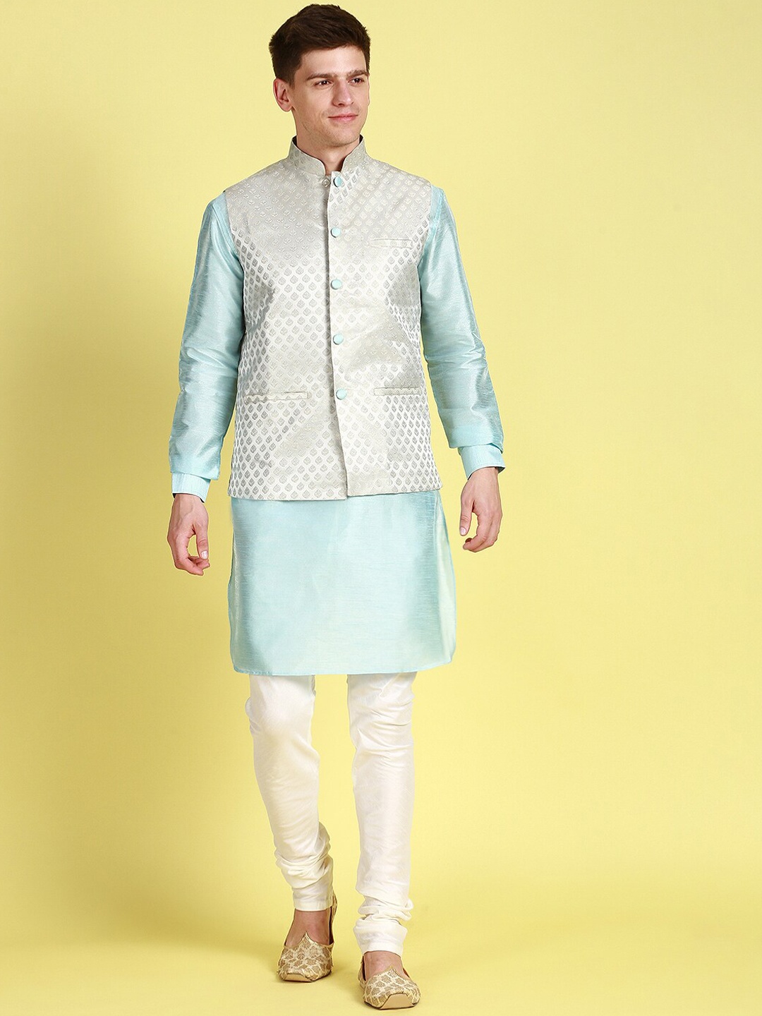 

Sanwara Mandarin Collar Straight Kurta with Churidar & Nehru Jacket, Blue