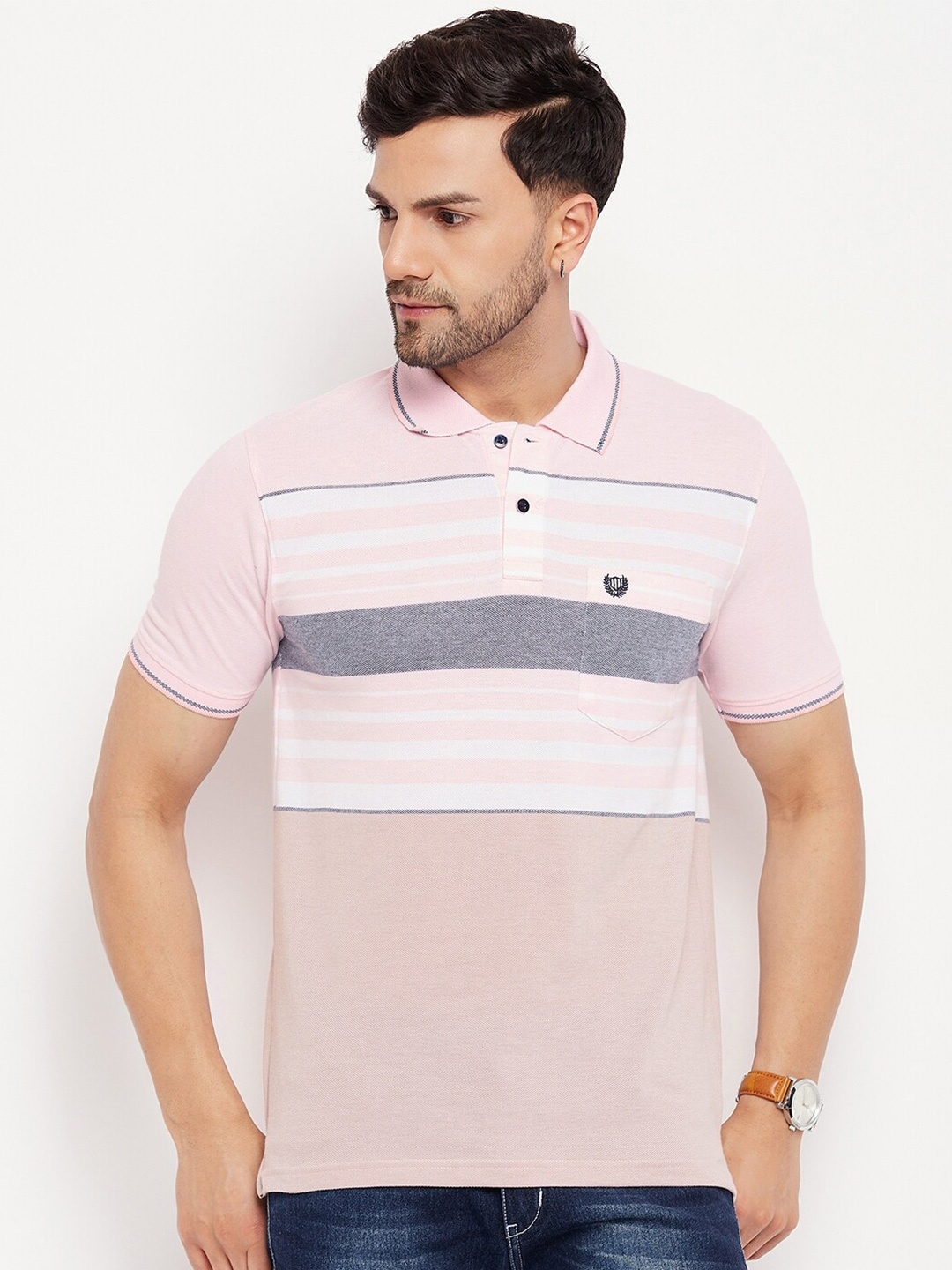 

Duke Striped Polo Collar Cotton T-shirt, Pink