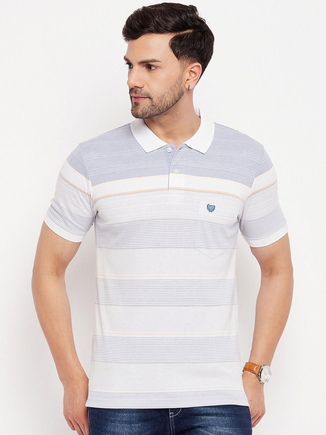 

Duke Striped Polo Collar Cotton T-shirt, White