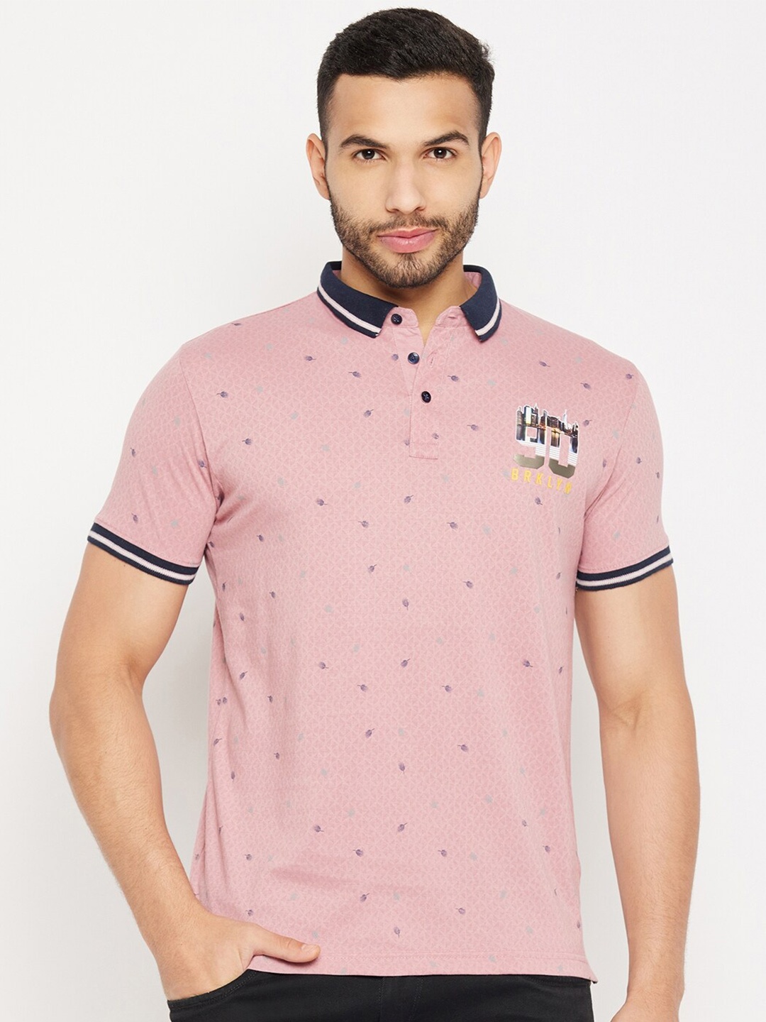 

Duke Micro Ditsy Printed Polo Collar Slim Fit Cotton T-shirt, Pink
