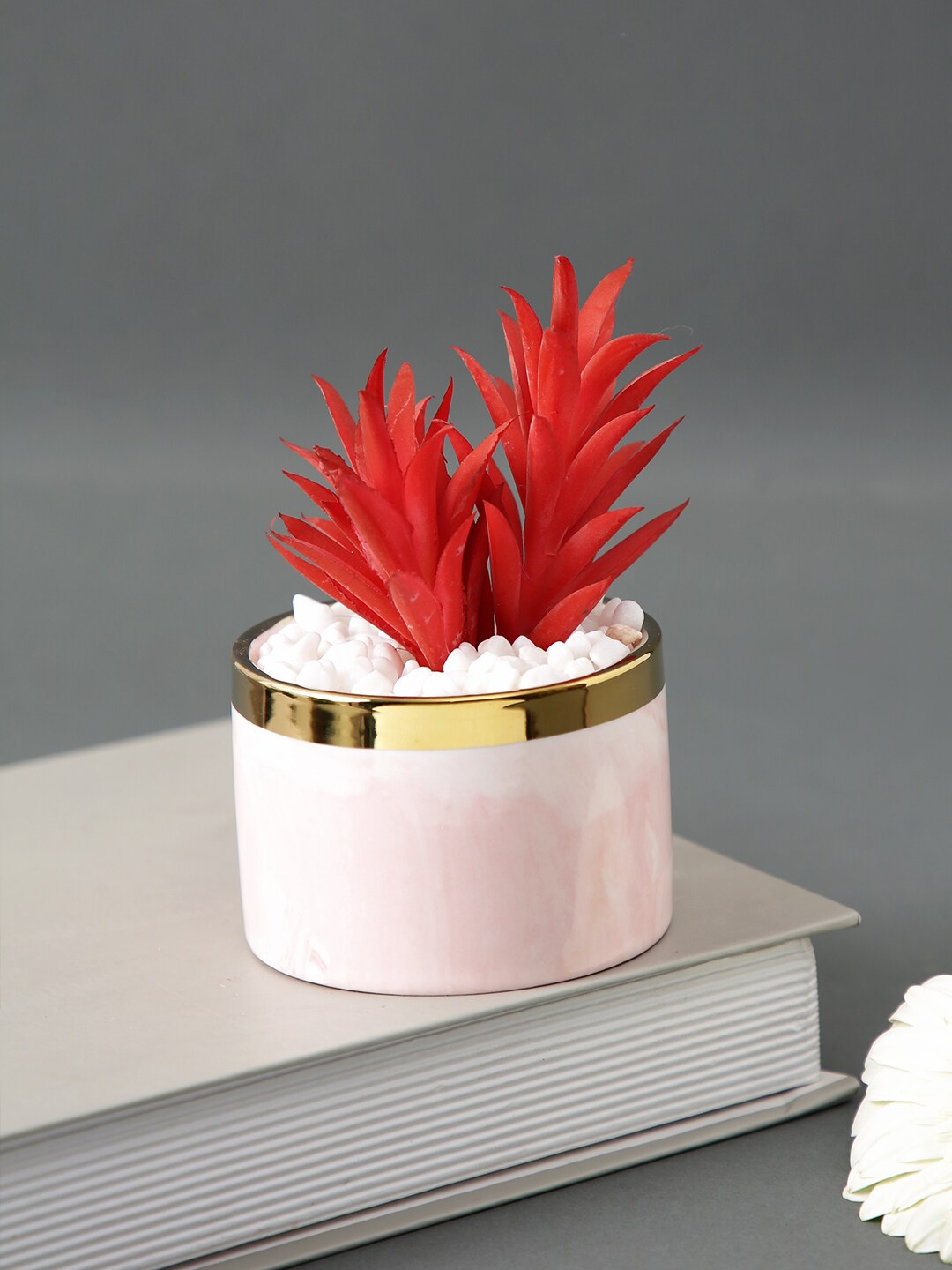 

TAYHAA Red Artificial Succulent Bonsai With Pink & White Pot