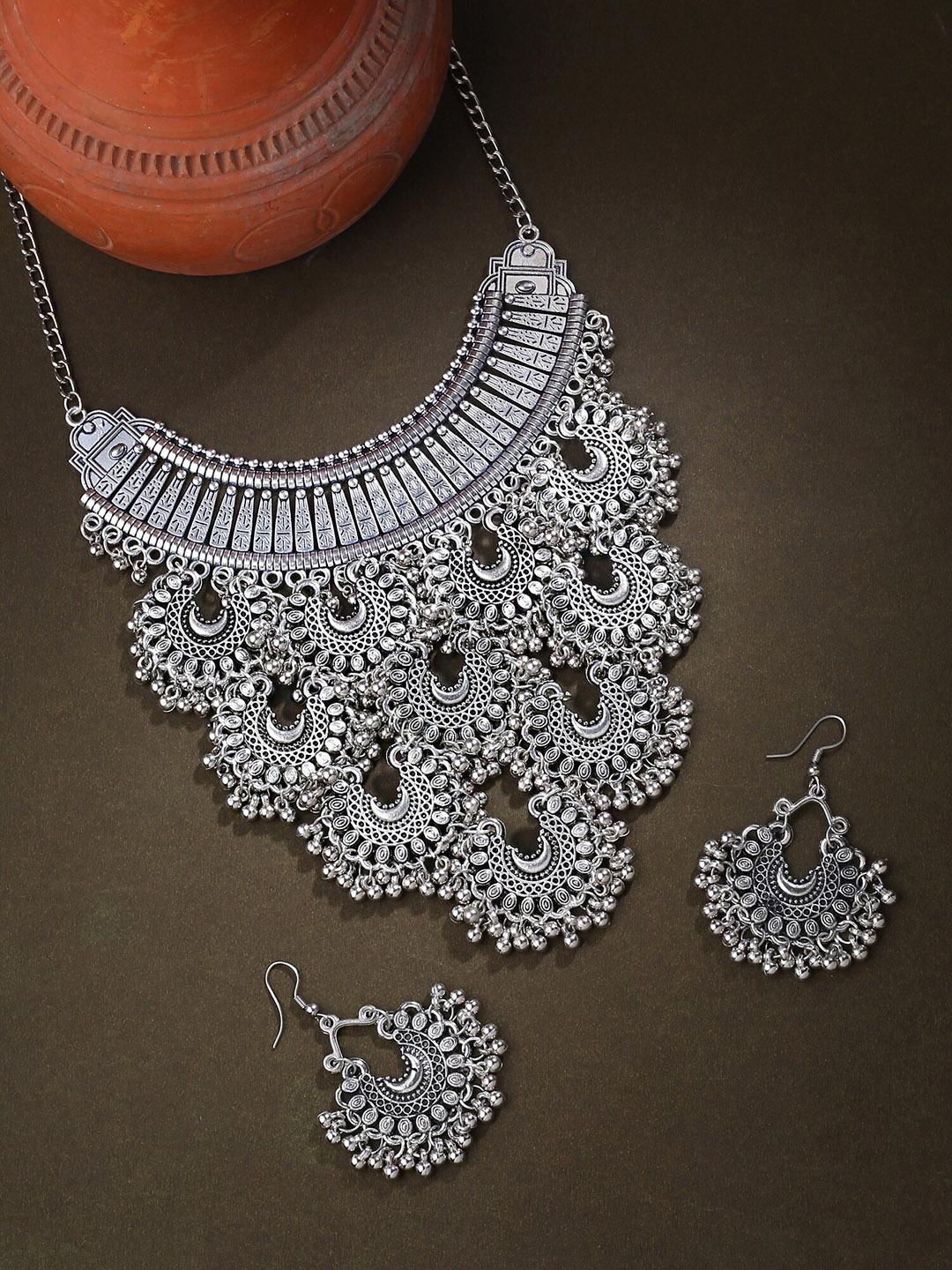 

Yellow Chimes Silver-Plated Oxidised Jewellery Set