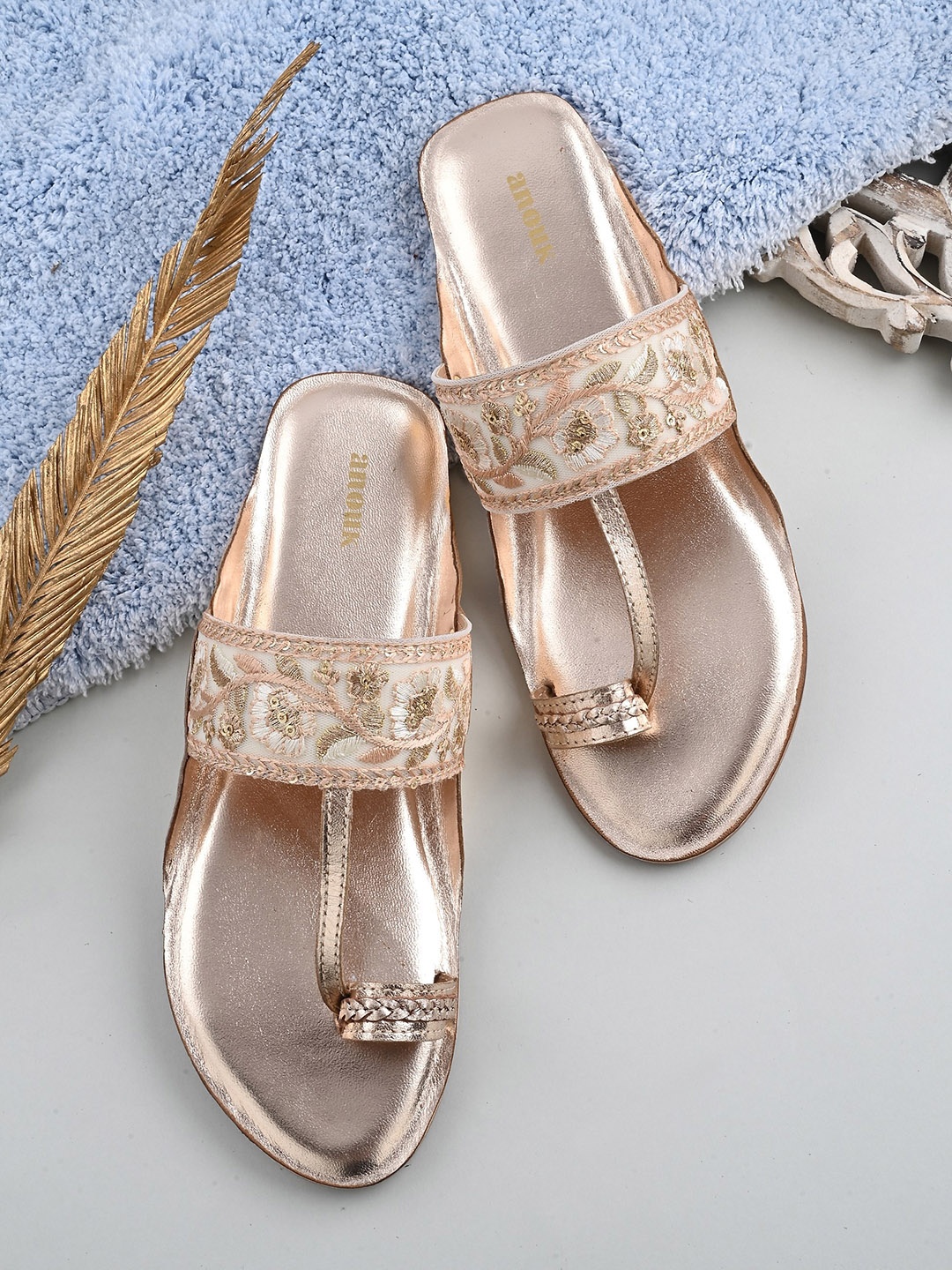 

Anouk Gold-Toned Embroidered One Toe Flats