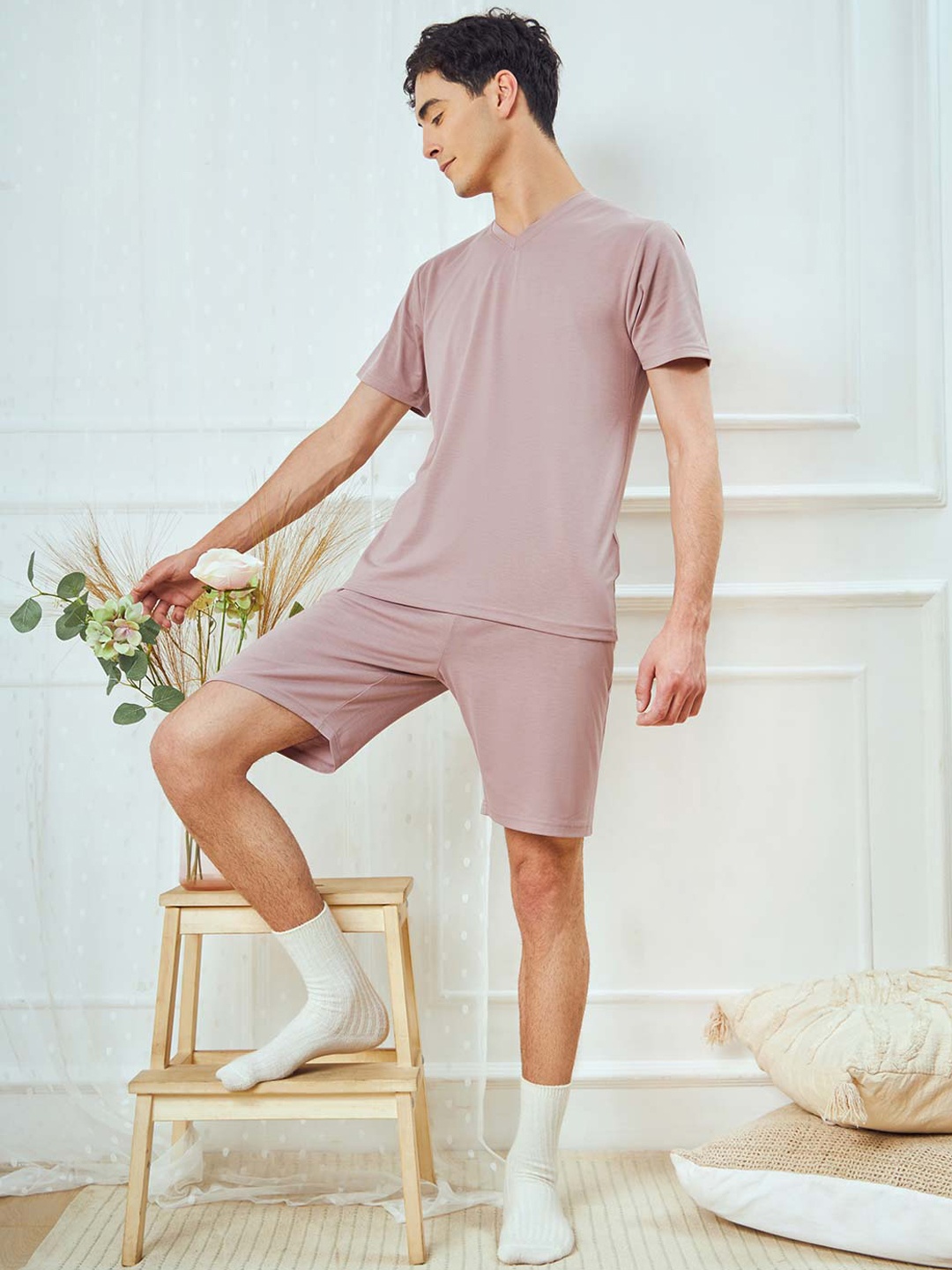 

NOBERO Men V-Neck T-shirt With Shorts Night Suit, Mauve