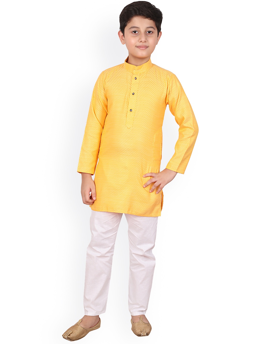 

Pro-Ethic STYLE DEVELOPER Boys Band Collar Woven Design Kurta with Pyjamas, Yellow