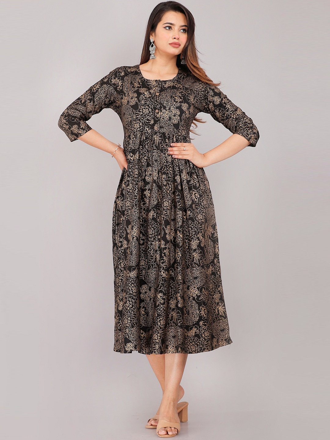 

Ashlee Floral Printed Fit & Flare Midi Ethnic Dress, Black