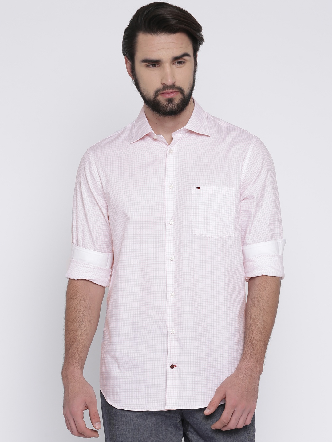 

Tommy Hilfiger Men Pink & Off-White Slim Fit Checked Casual Shirt