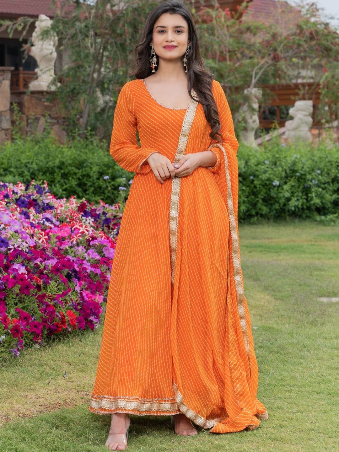 

HOUSE OF JAMOTI Leheriya Printed Gotta Patti Anarkali Kurta with Trousers & Dupatta, Orange