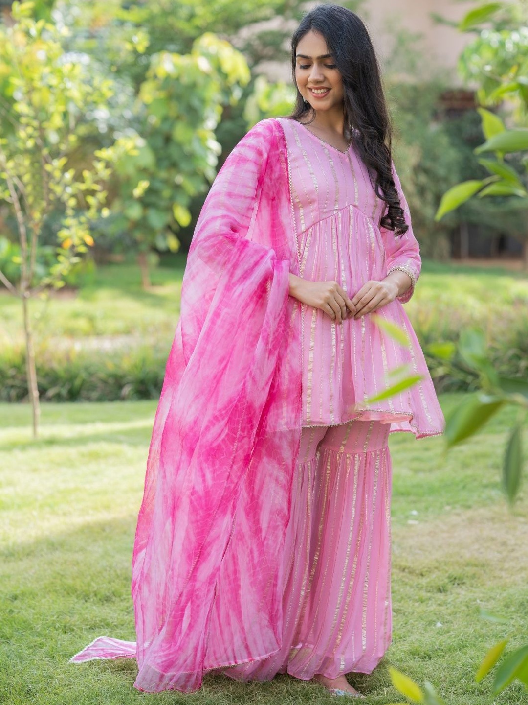 

HOUSE OF JAMOTI Striped Gotta Patti Panelled Anarkali Kurti with Sharara, Pink