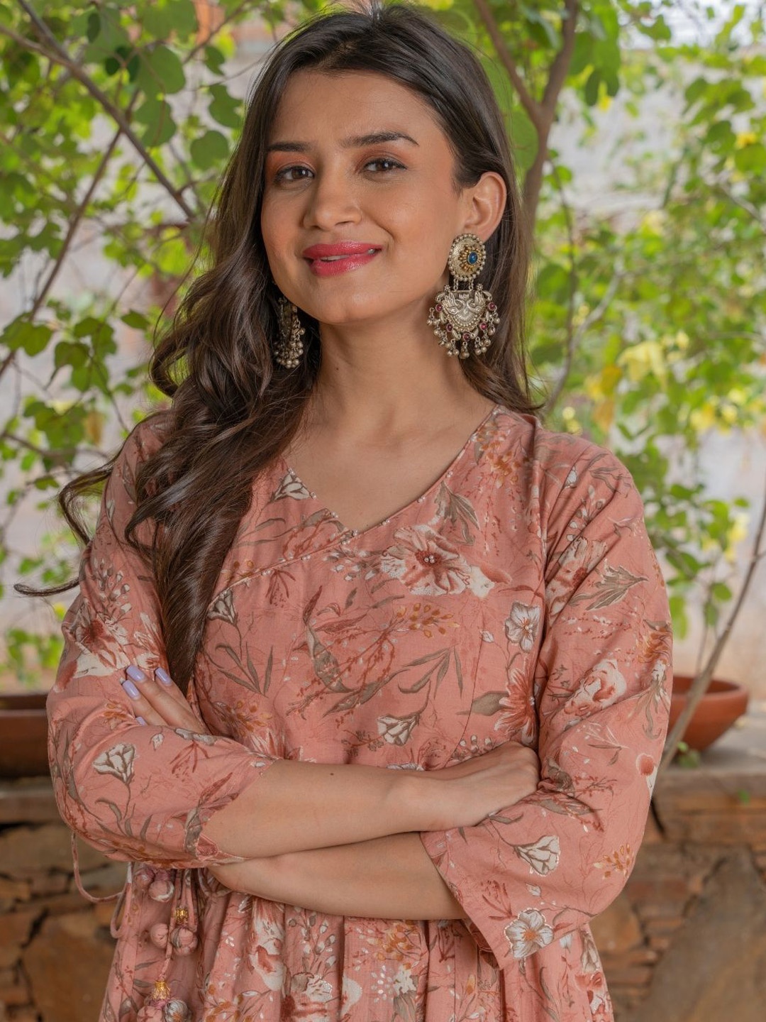 

HOUSE OF JAMOTI Floral Printed Pleated Pure Cotton Kurta With Trousers, Pink