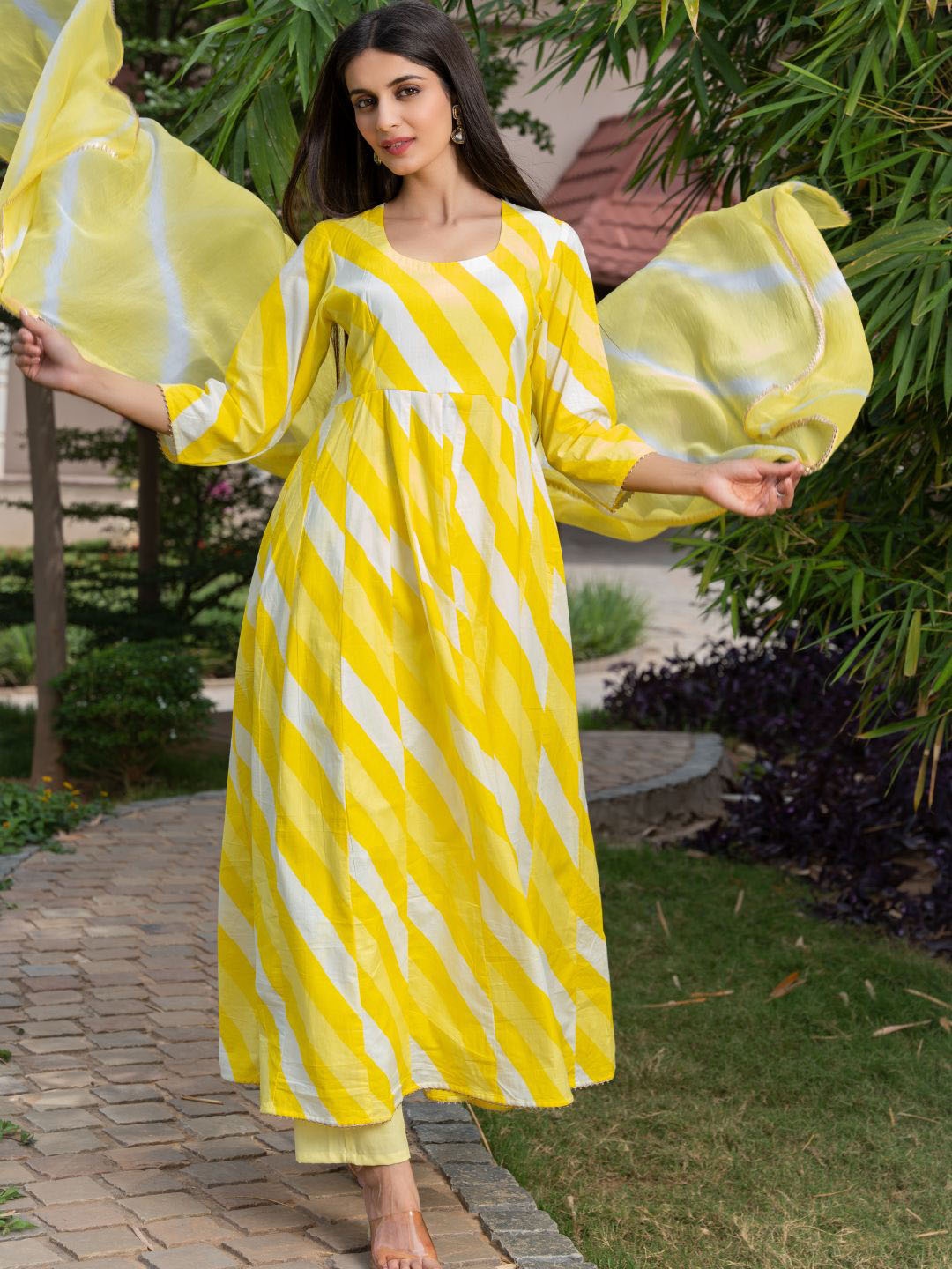 

HOUSE OF JAMOTI Leheriya Printed Anarkali Pure Cotton Kurta with Trousers & Dupatta, Yellow