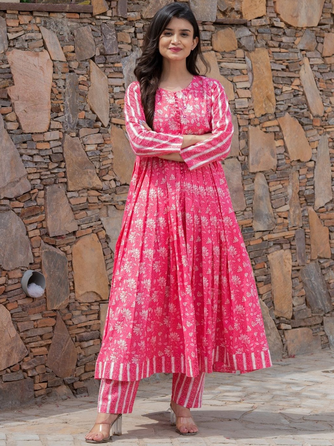

HOUSE OF JAMOTI Floral Printed Anarkali Pure Cotton Kurta with Trousers, Pink