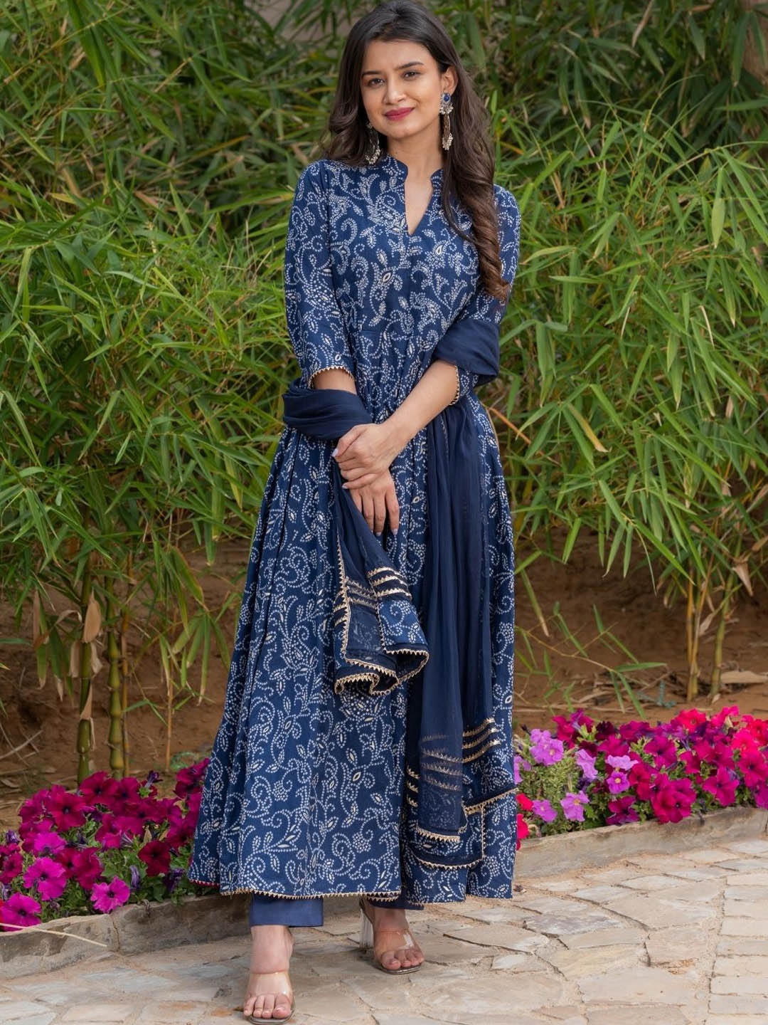 

HOUSE OF JAMOTI Bandhani Printed Anarkali Pure Cotton Kurta with Trousers & Dupatta, Navy blue