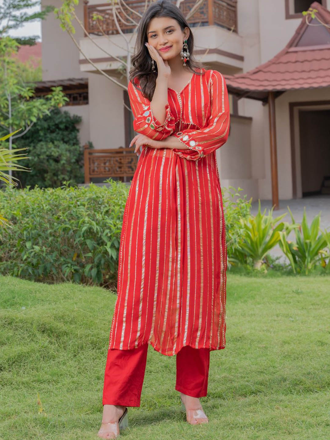 

HOUSE OF JAMOTI Striped Mirror Work Gotta Patti Kurta with Trousers, Red