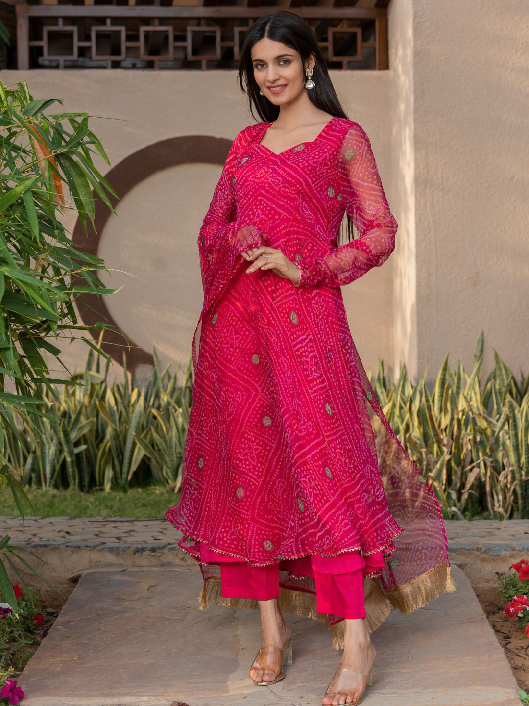 

HOUSE OF JAMOTI Bandhani Printed Gotta Patti Anarkali Kurta with Trousers & Dupatta, Fuchsia