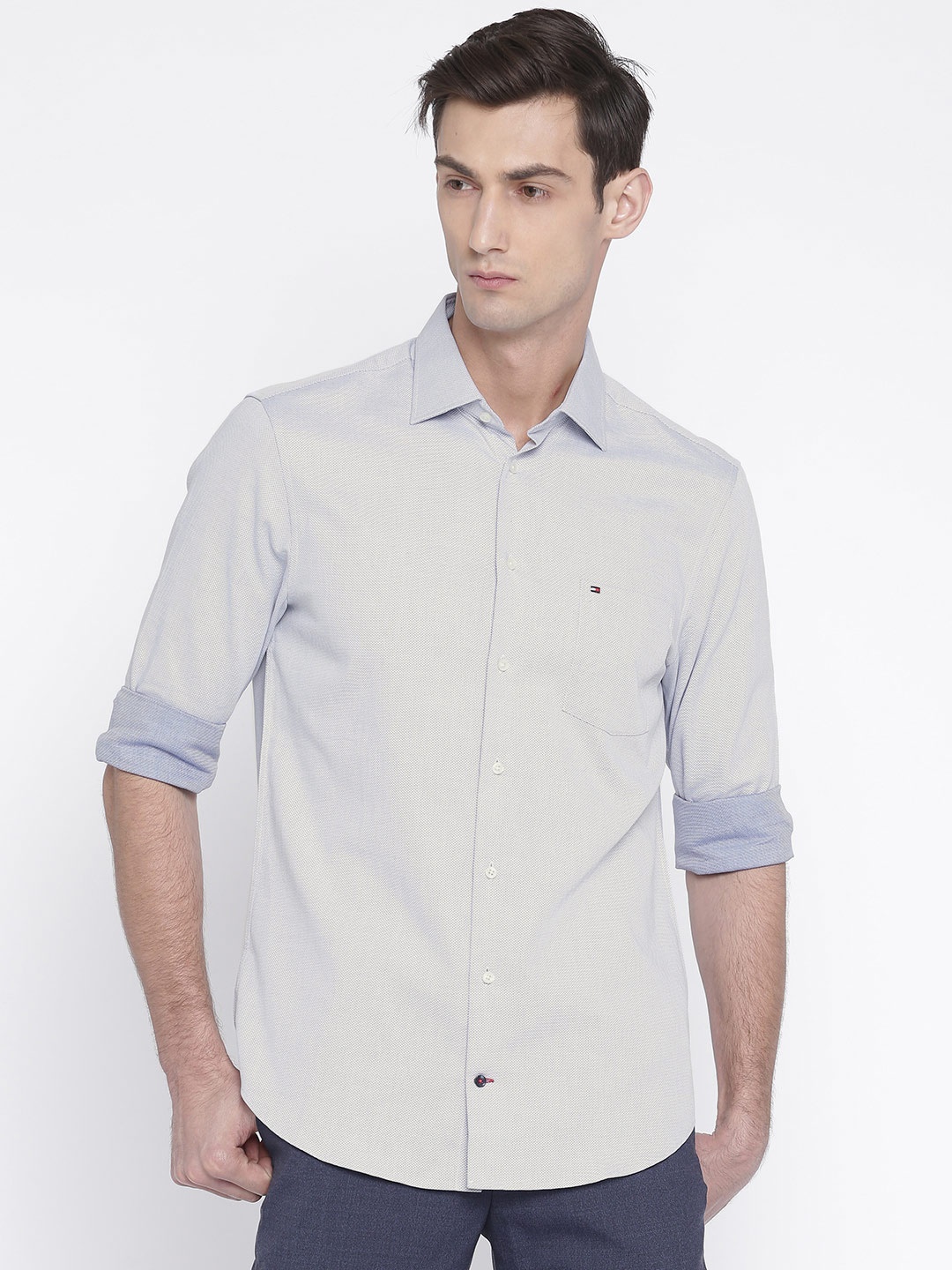 

Tommy Hilfiger Men Blue Tailored Fit Self Design Casual Shirt