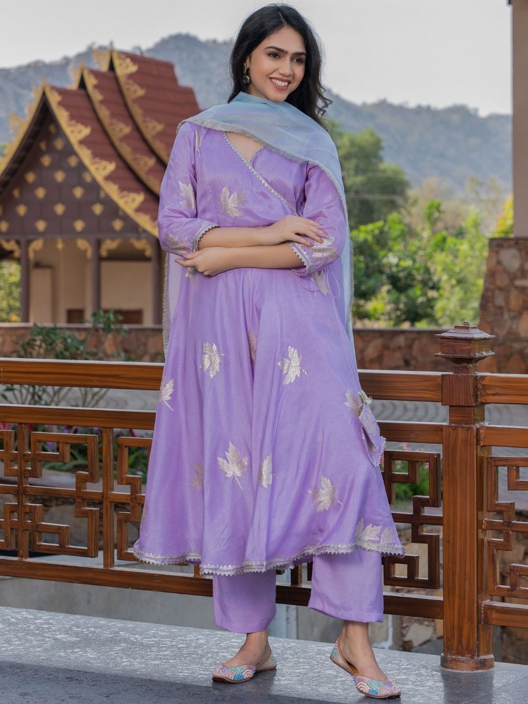 

HOUSE OF JAMOTI Floral Printed Gotta Patti Angrakha Kurta With Palazzos & Dupatta, Lavender