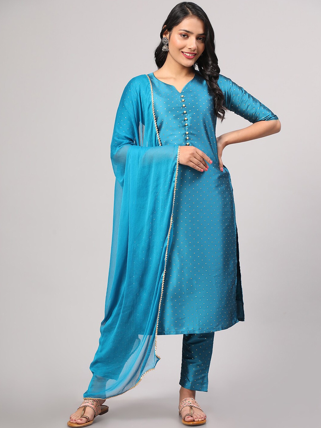 

V TRADITION Printed Notched Neck Kurta With Trousers & Dupatta, Blue