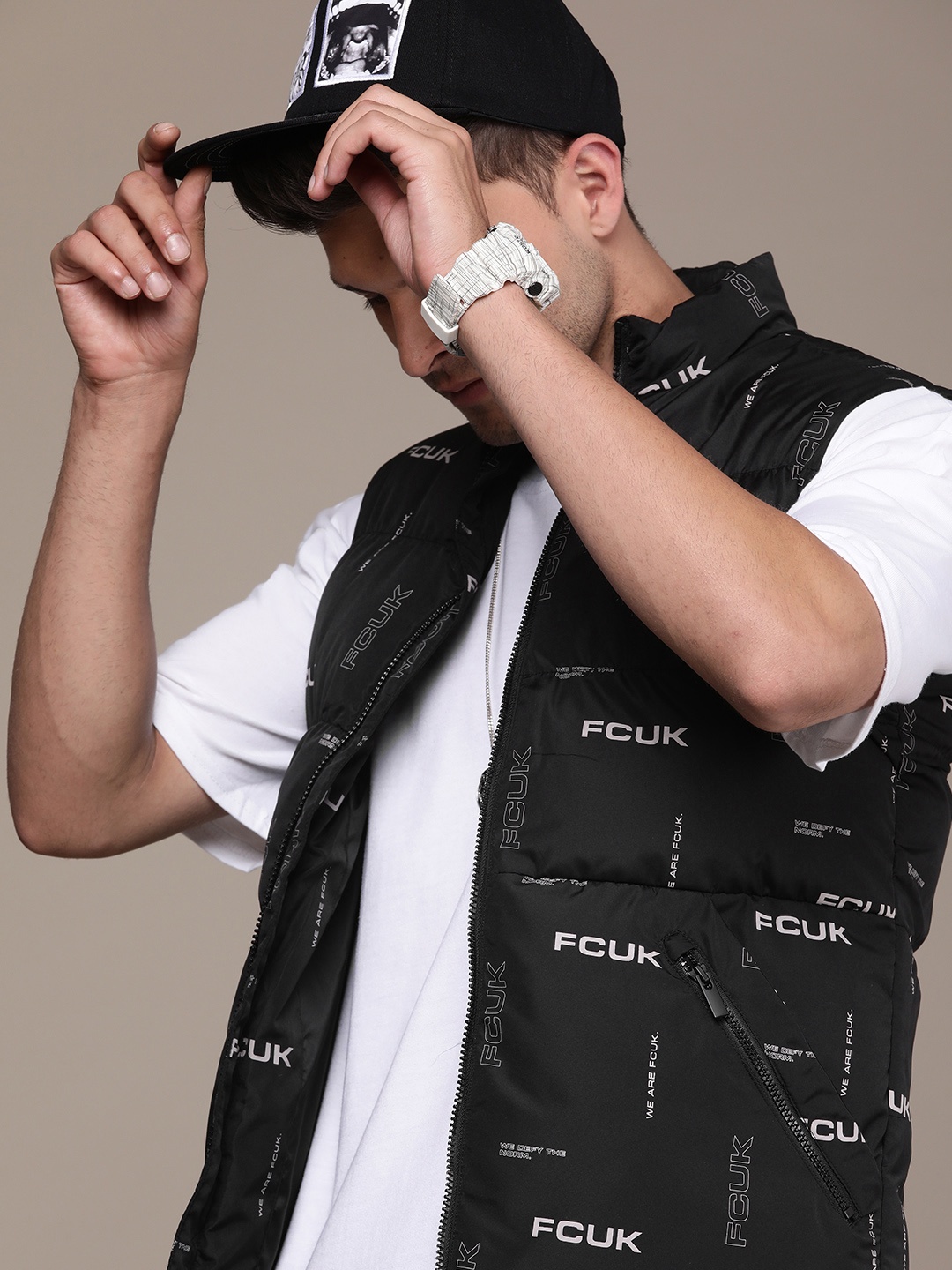 

FCUK Men Monochrome Brand Logo Printed Puffer Jacket, Black