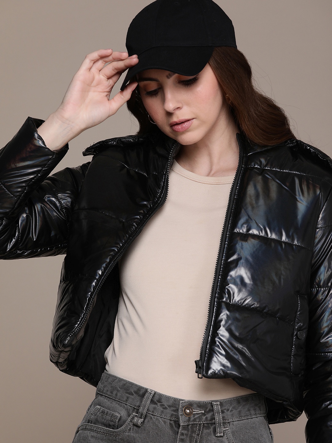 

FCUK Hooded Crop Puffer Jacket, Black
