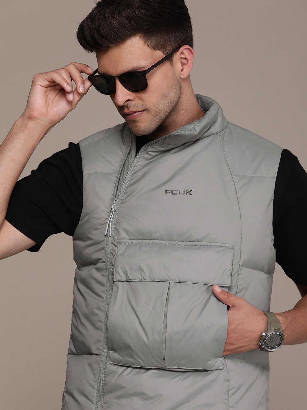 

FCUK Men Solid Puffer Jacket, Grey