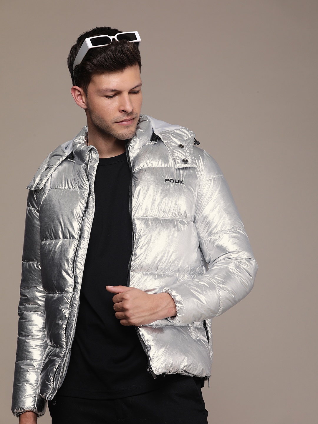 

FCUK Men Solid Sheen Puffer Jacket, Silver