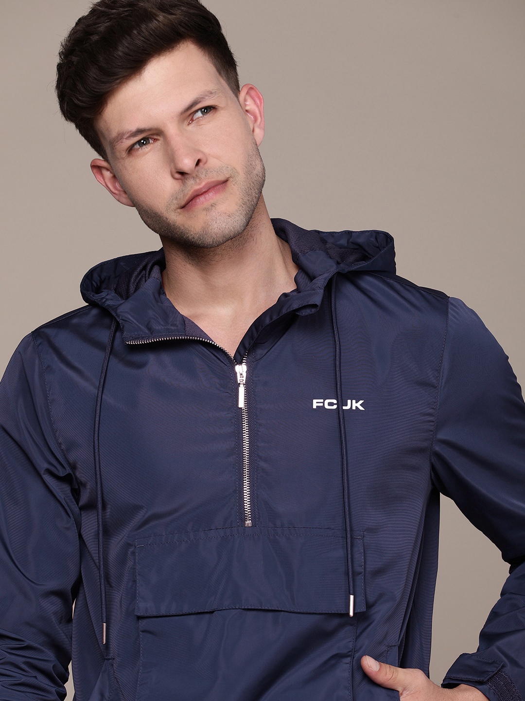 

FCUK Solid Hooded Sporty Jacket, Navy blue