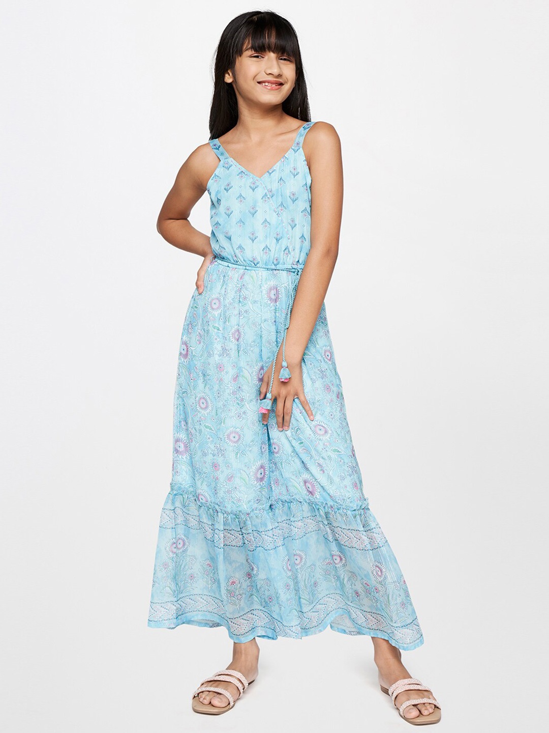 

Global Desi Girls Printed Shoulder Straps Waist Tie-Ups Basic Jumpsuit, Blue