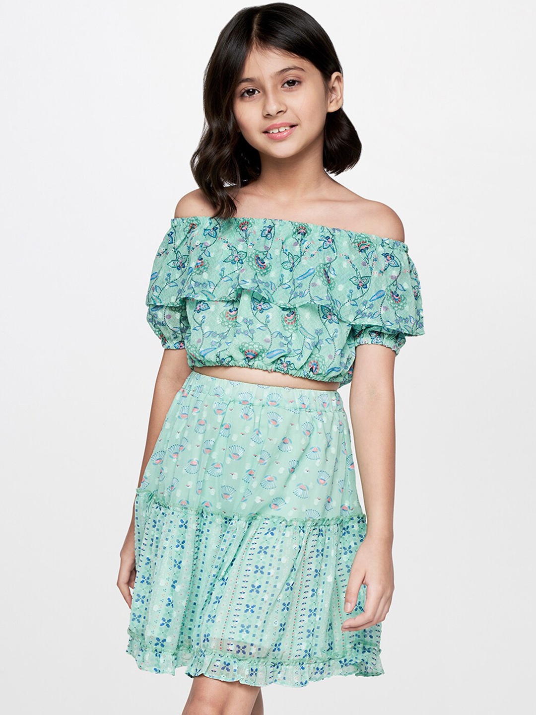 

Global Desi Girls Printed Off-Shoulder Top with Skirt, Sea green