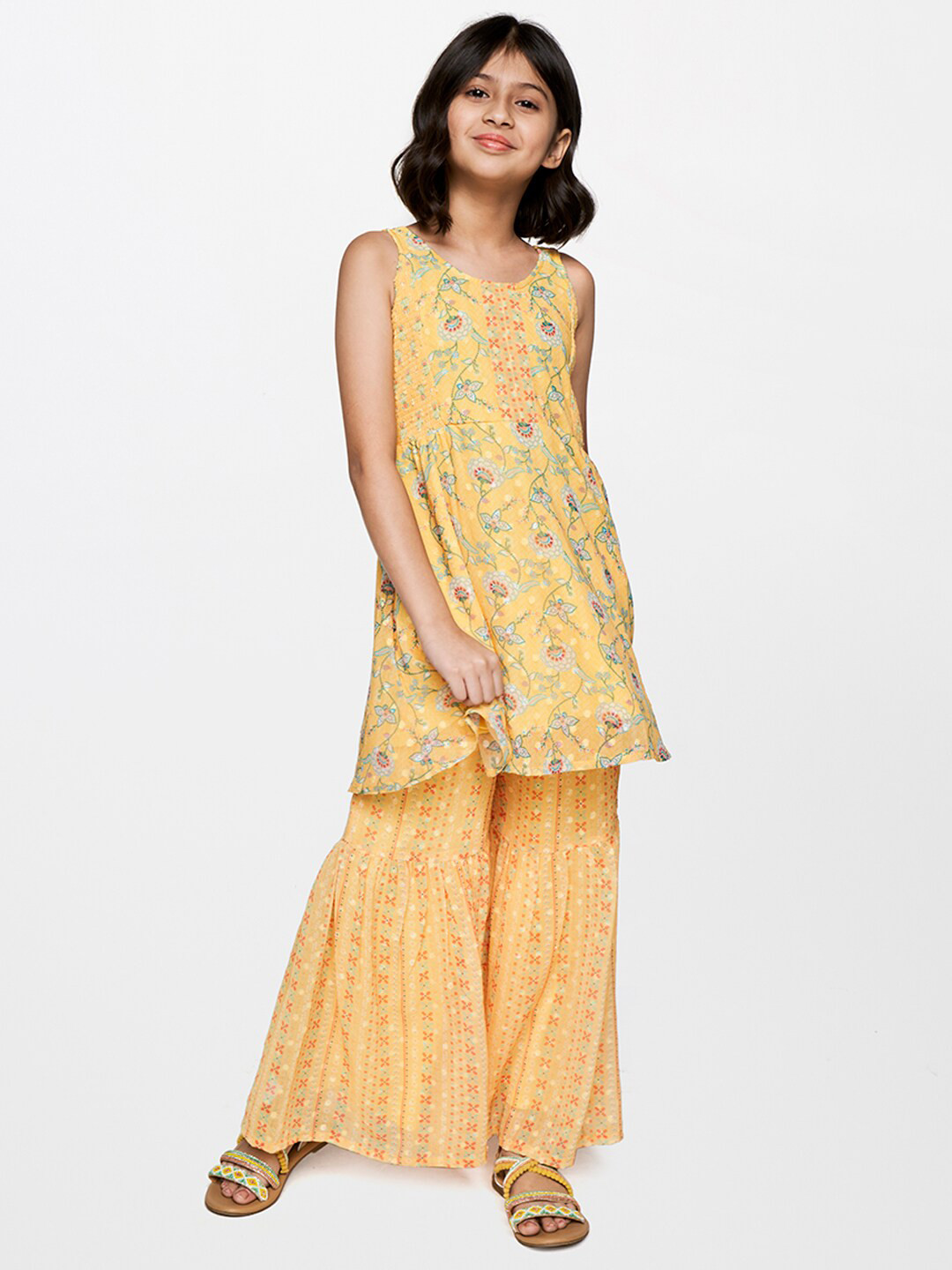 

Global Desi Girls Sleeveless Floral Printed Kurta with Sharara, Yellow