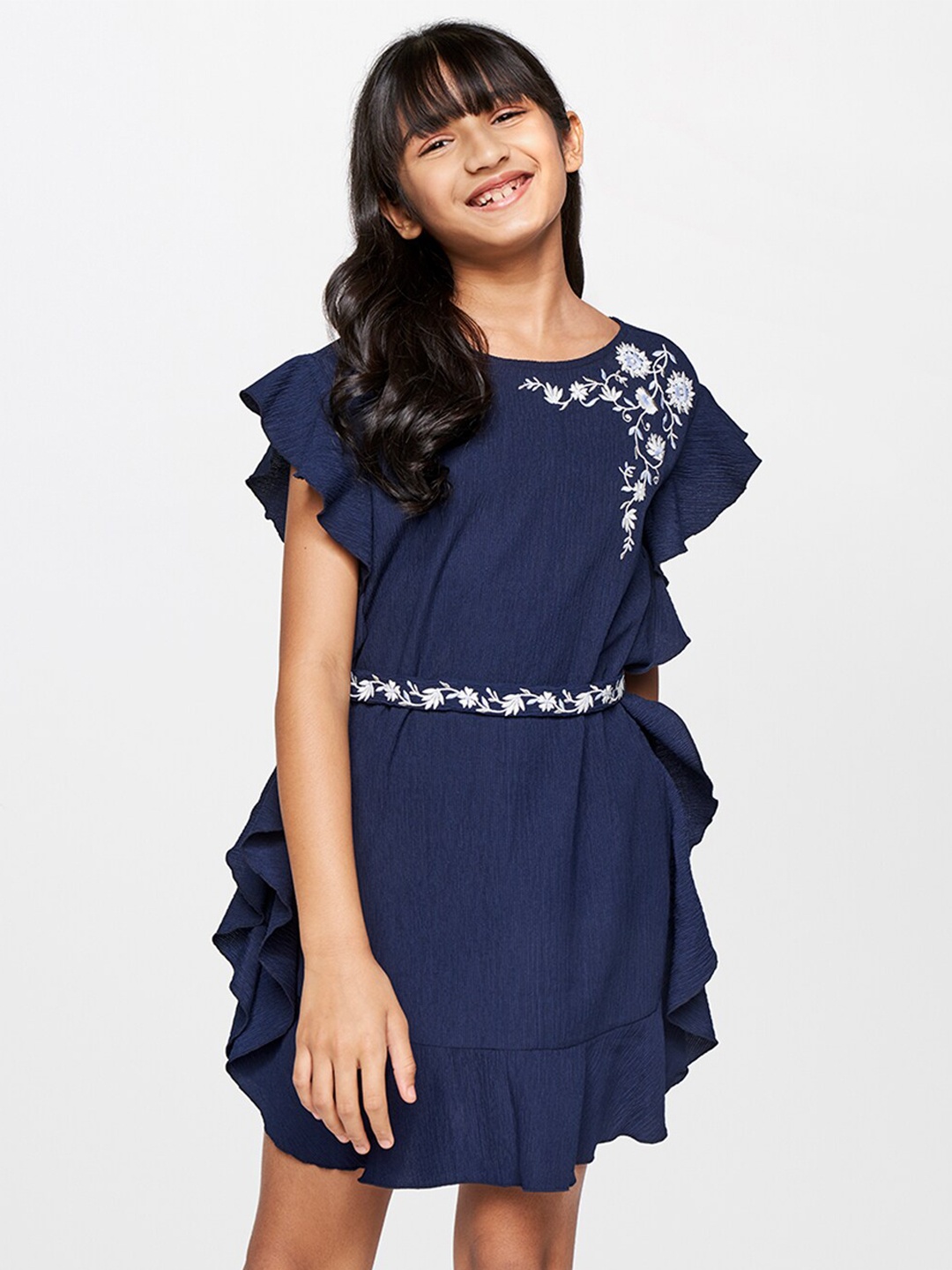 

Global Desi Girls Floral Embroider Fit & Flare Dress With Belt, Blue