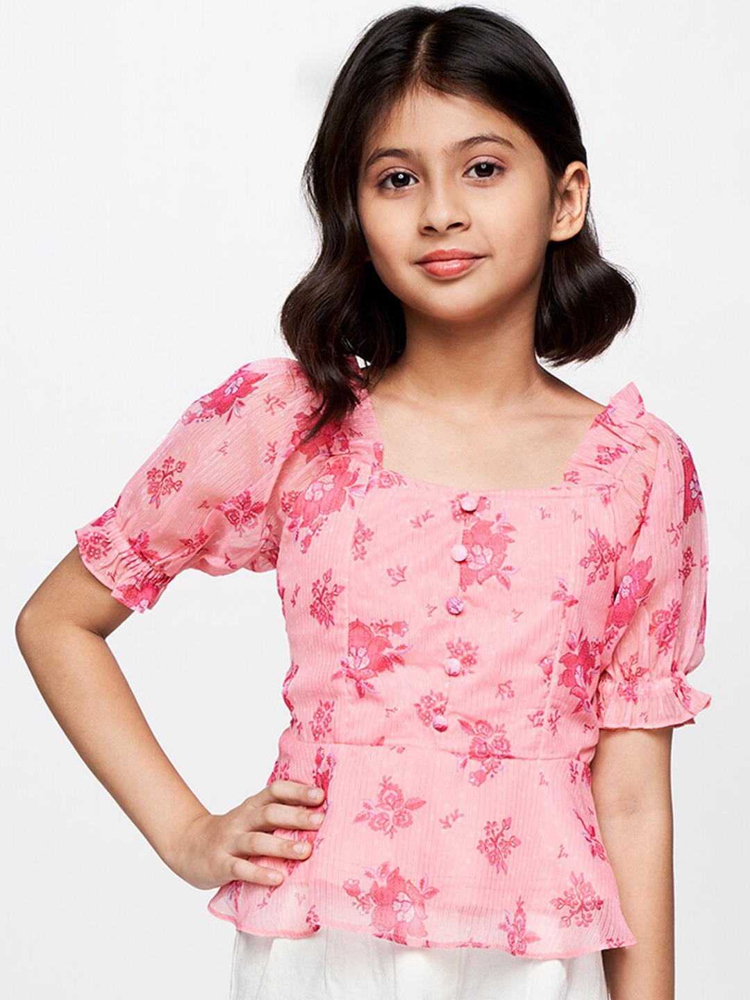 

Global Desi Girls Floral Printed Puff Sleeves Peplum Top, Pink
