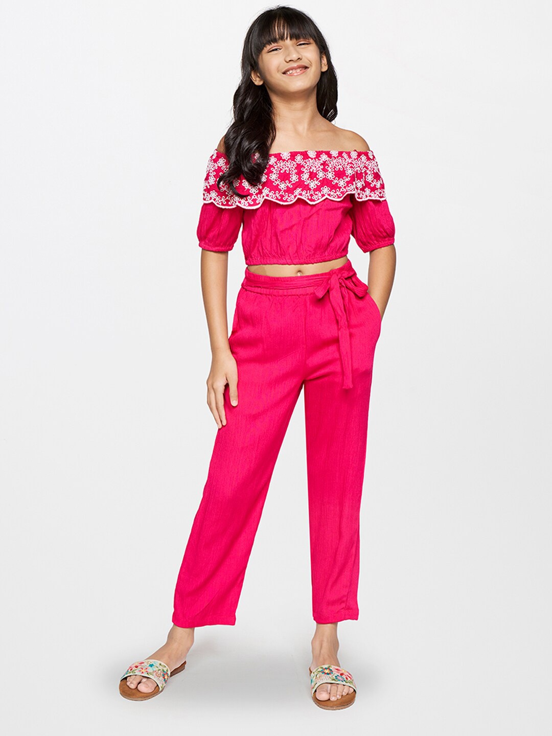 

Global Desi Girls Pink & White Printed Top with Trousers