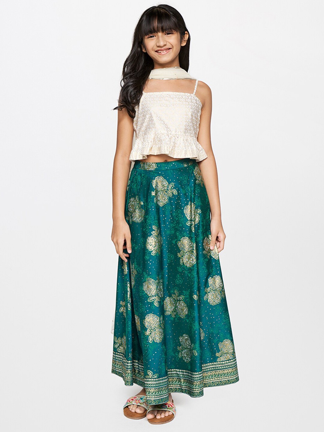

Global Desi Girls Ethnic Motifs Printed Regular Top with Skirt & Dupatta, Green