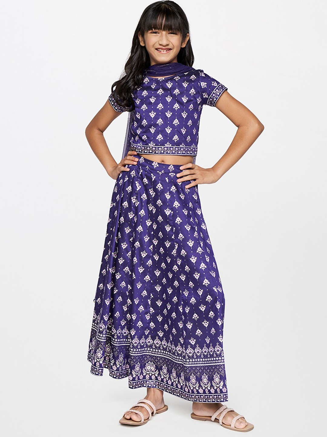 

Global Desi Girls Ethnic Motifs Printed Ready to Wear Lehenga & Blouse With Dupatta, Purple