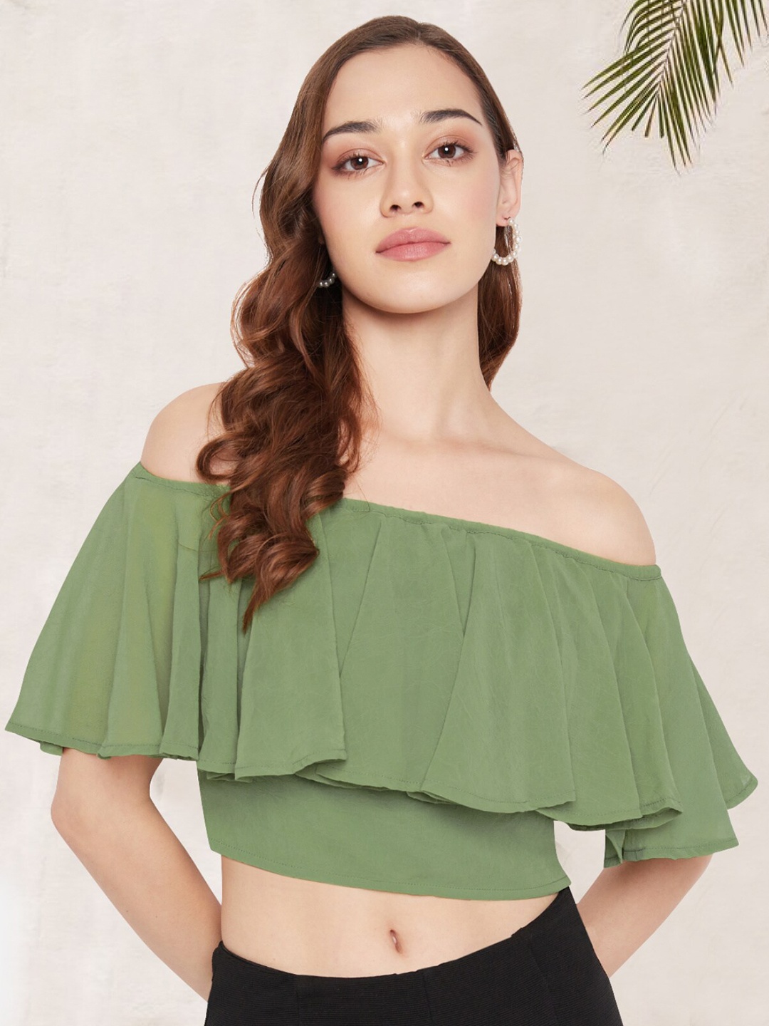 

Martini Olive Off-Shoulder Flutter Sleeves Chiffon Bardot Crop Top