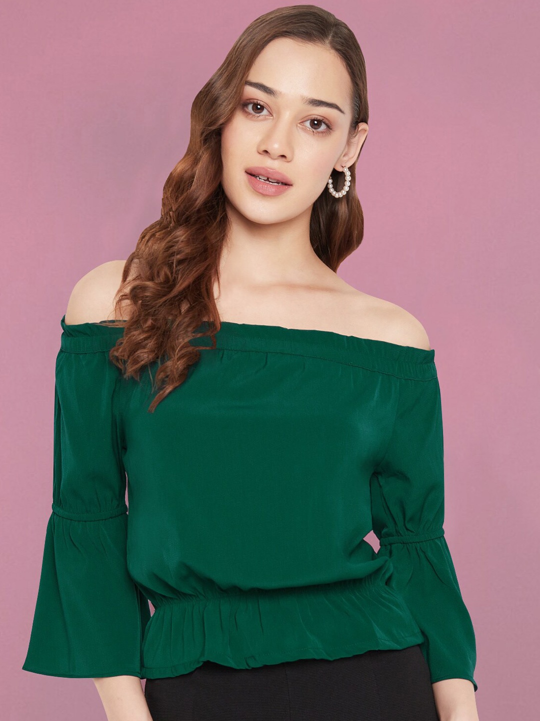 

Martini Green Off-Shoulder Bell Sleeves Ruffles Bardot Top